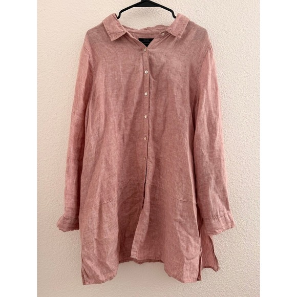 Tahari Tops - Tahari Womens 1X Dusty Rose Pink 100% Linen Button Down Tunic Roll Tab Shirt